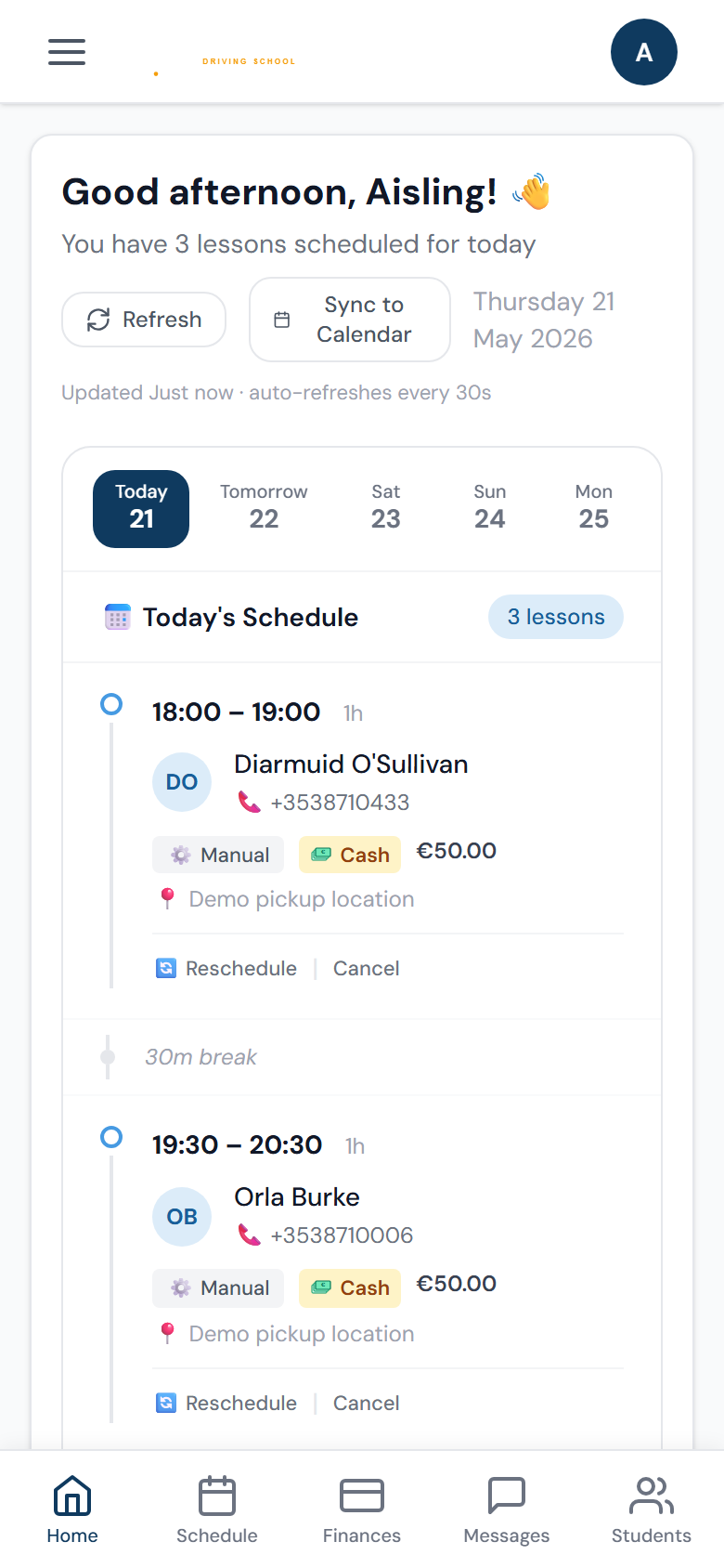 Instructor dashboard showing today's schedule