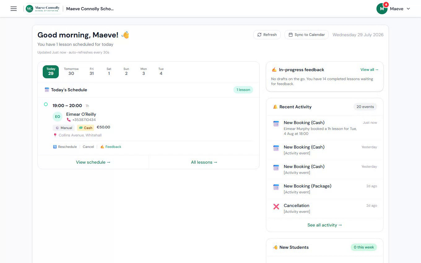 The instructor dashboard and week calendar